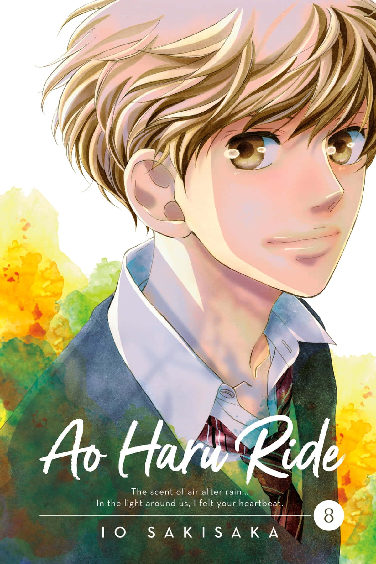 Ao Haru Ride 桌布 壁紙 — 一個年輕男子的動漫特寫肖像，一頭凌亂的金髮和溫暖的棕色眼睛，在黃色和綠色的水彩背景前溫柔地微笑。