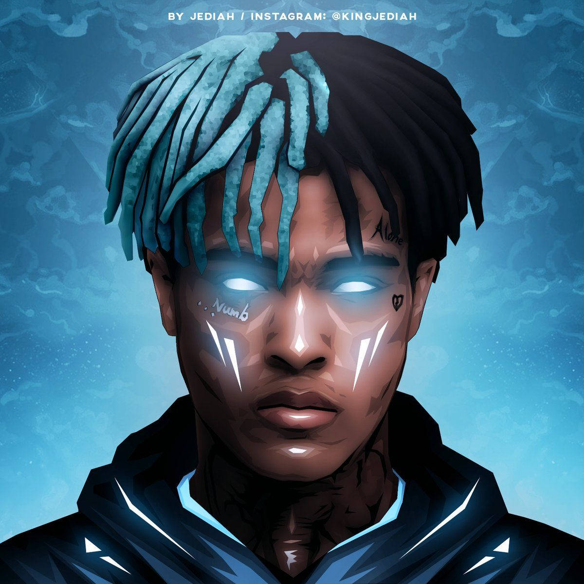 xxxtentacion 動畫 桌布 壁紙 — 一個年輕男子的數位肖像，他擁有發光的藍色眼睛和藍色尖端的辮子，背景是旋轉的藍色。