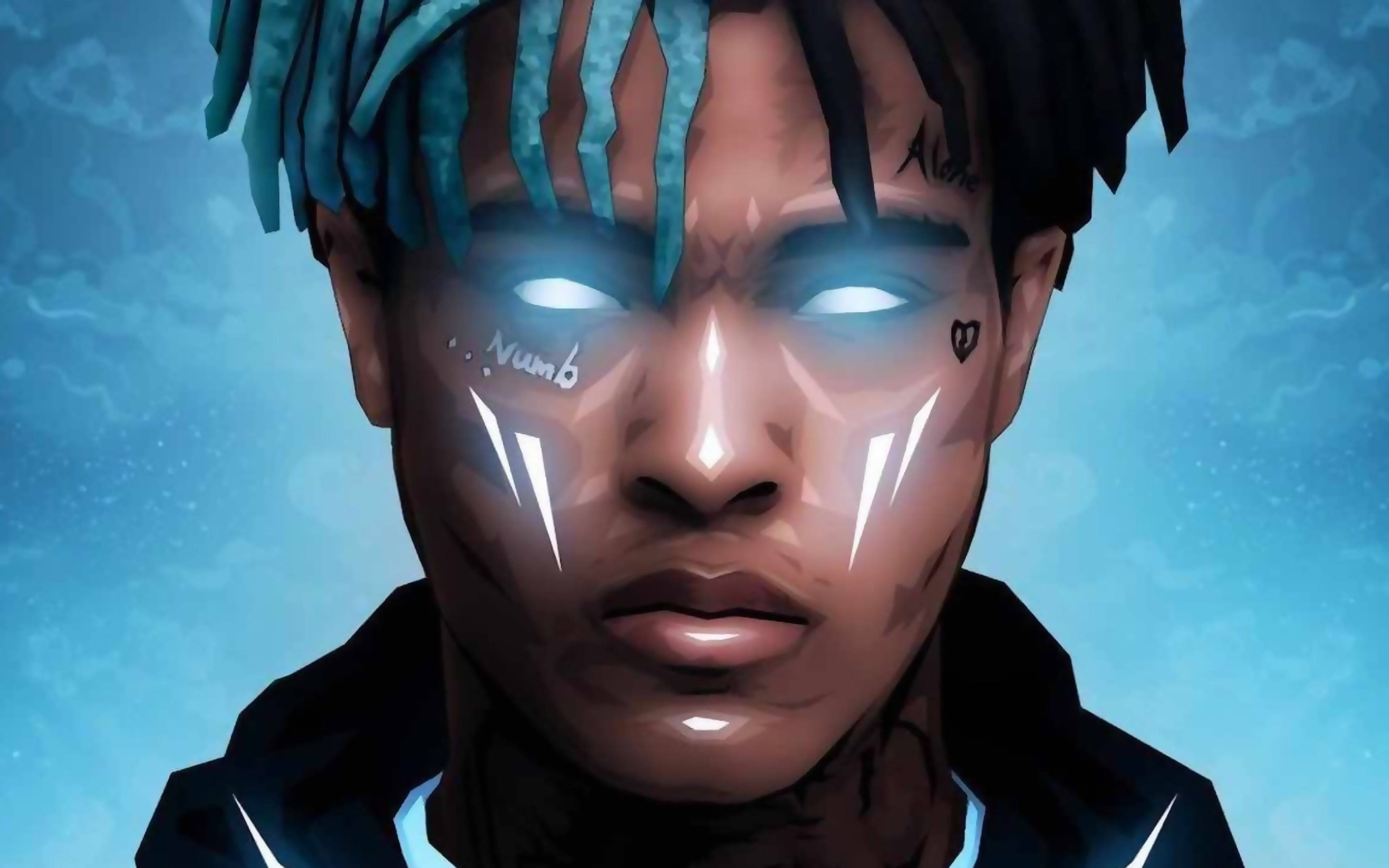 xxxtentacion 電腦 桌布 壁紙 — 一個年輕男子的數位肖像，他有發光的藍色眼睛和藍綠色辮子，背景是陰雲密佈的藍色天空。