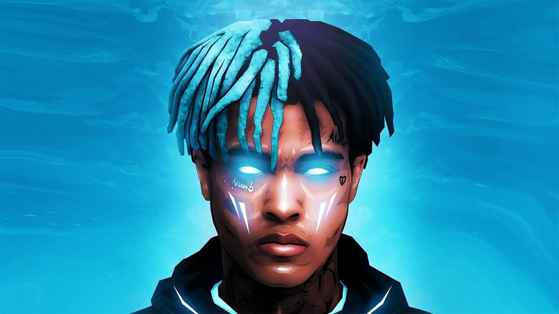 XXXTENTACION 桌布 壁紙 — 一個年輕男子的數位肖像，他有發光的藍色眼睛和藍色調的辮子，沉浸在深藍色的水中。