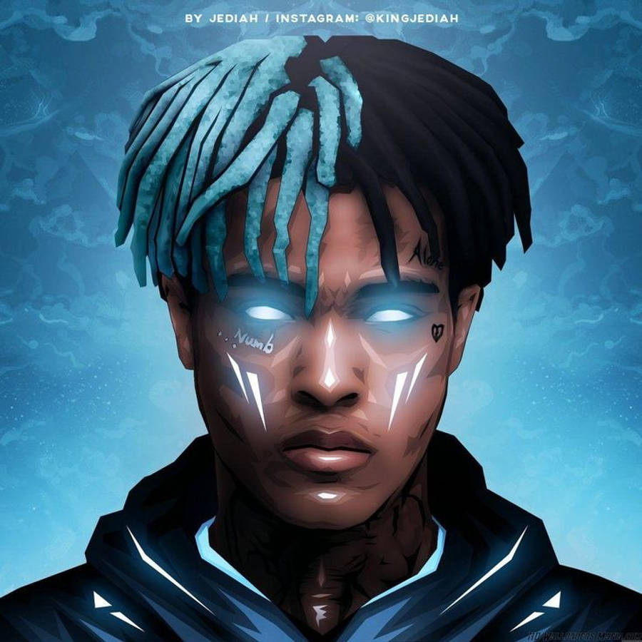 酷酷的xxxtentacion 桌布 壁紙 — 一個年輕男子的數位肖像，擁有發光的眼睛和藍色辮子，背景是旋轉的藍色。