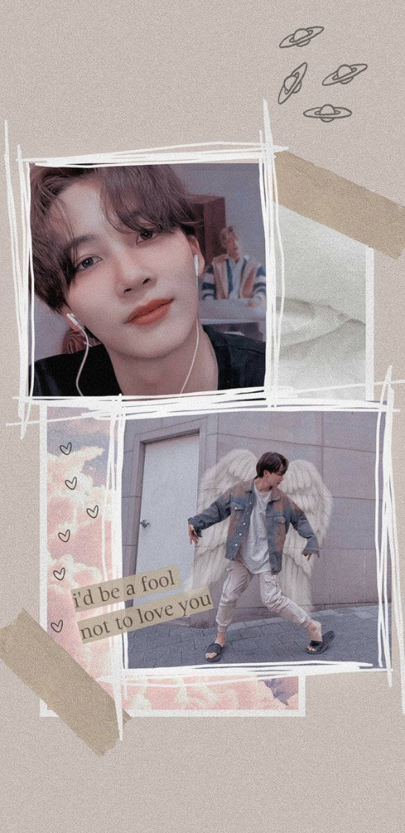 yoon jeonghan 桌布 壁紙 — 一個年輕男子的照片和天使翅膀的拼貼畫，用膠帶和心形框在米色背景上。
