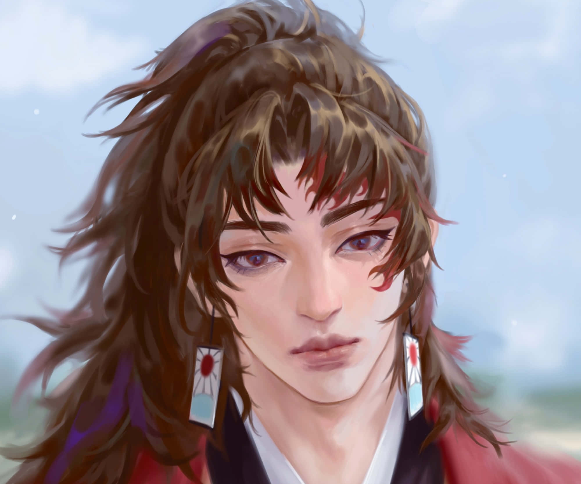 Yoriichi Tsugikuni 桌布 壁紙 — 一個年輕男子的特寫動漫肖像，擁有凌亂的棕色頭髮和臉上的紅色標記，戴著傳統耳環。