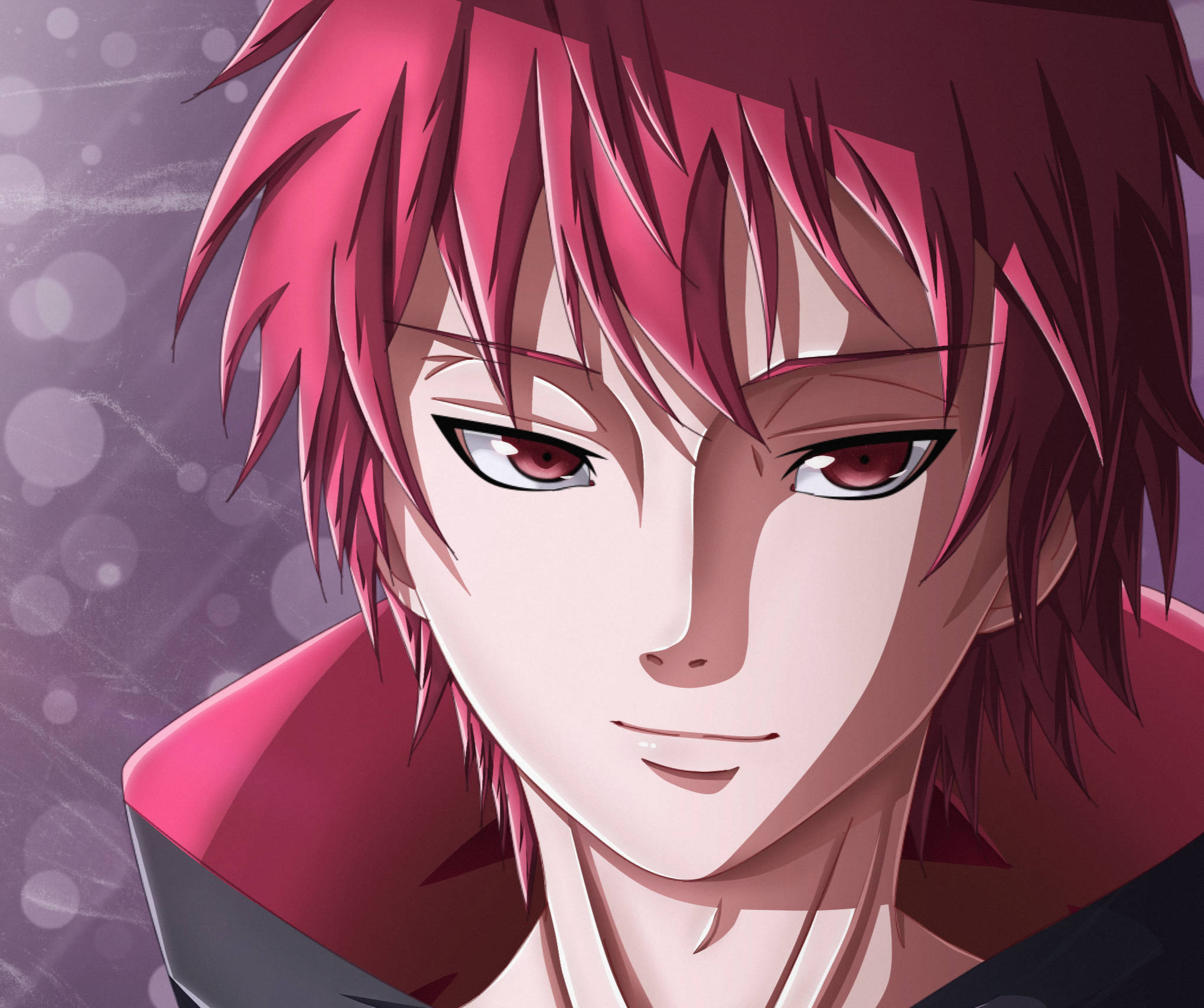 Sasori 桌布 壁紙 — 一個年輕男子的特寫動畫肖像，他有尖刺的粉紅色頭髮和強烈的紅色眼睛，背景是柔和的紫色散景。
