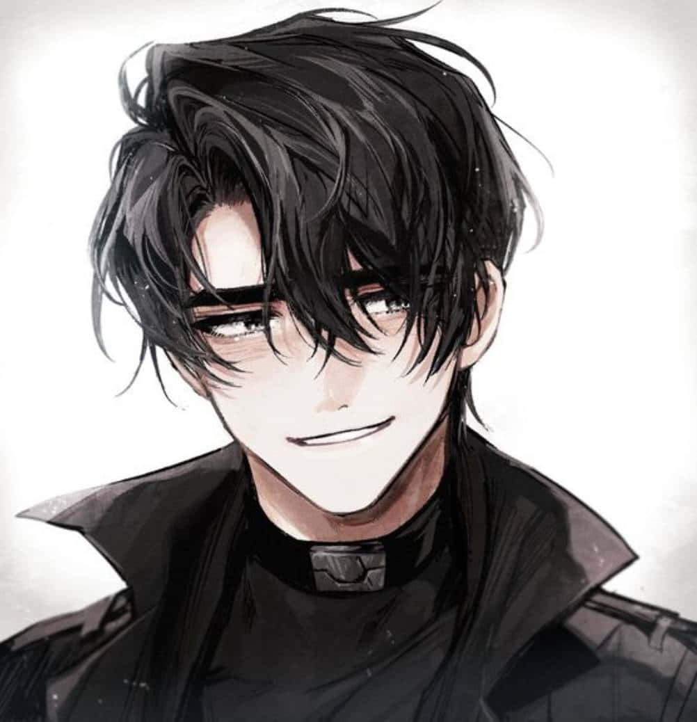 Cute Anime Boy 桌布 壁紙 — 一個年輕男子的特寫動畫肖像，他有一頭凌亂的黑髮和一抹微妙的冷笑，穿著深色外套，背景是純白色。