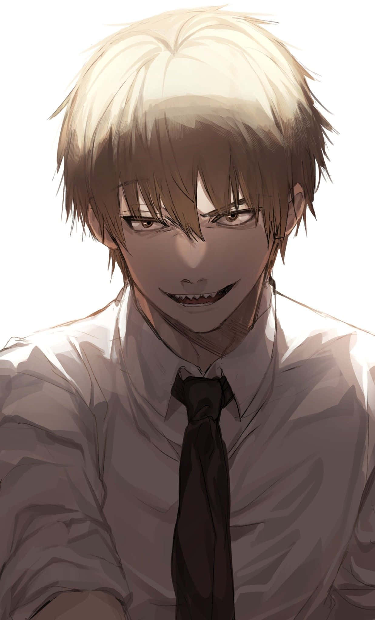 動漫男孩 桌布 壁紙 — 一個年輕男子的特寫動畫肖像，他有亂糟糟的金髮和邪惡的笑容，穿著白襯衫和黑色領帶。