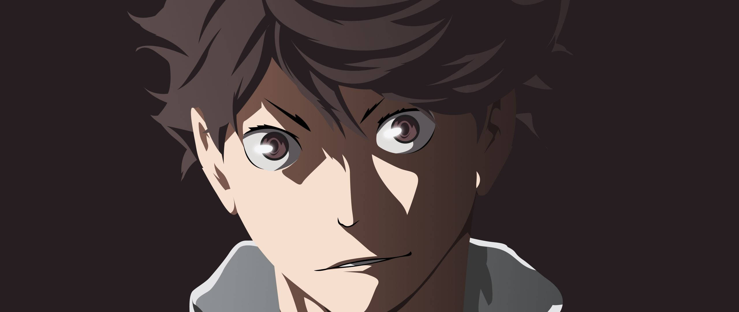 toru oikawa 桌布 壁紙 — 一個年輕男子的特寫動畫肖像，擁有銳利的眼睛和凌亂的棕色頭髮，背景為深色。