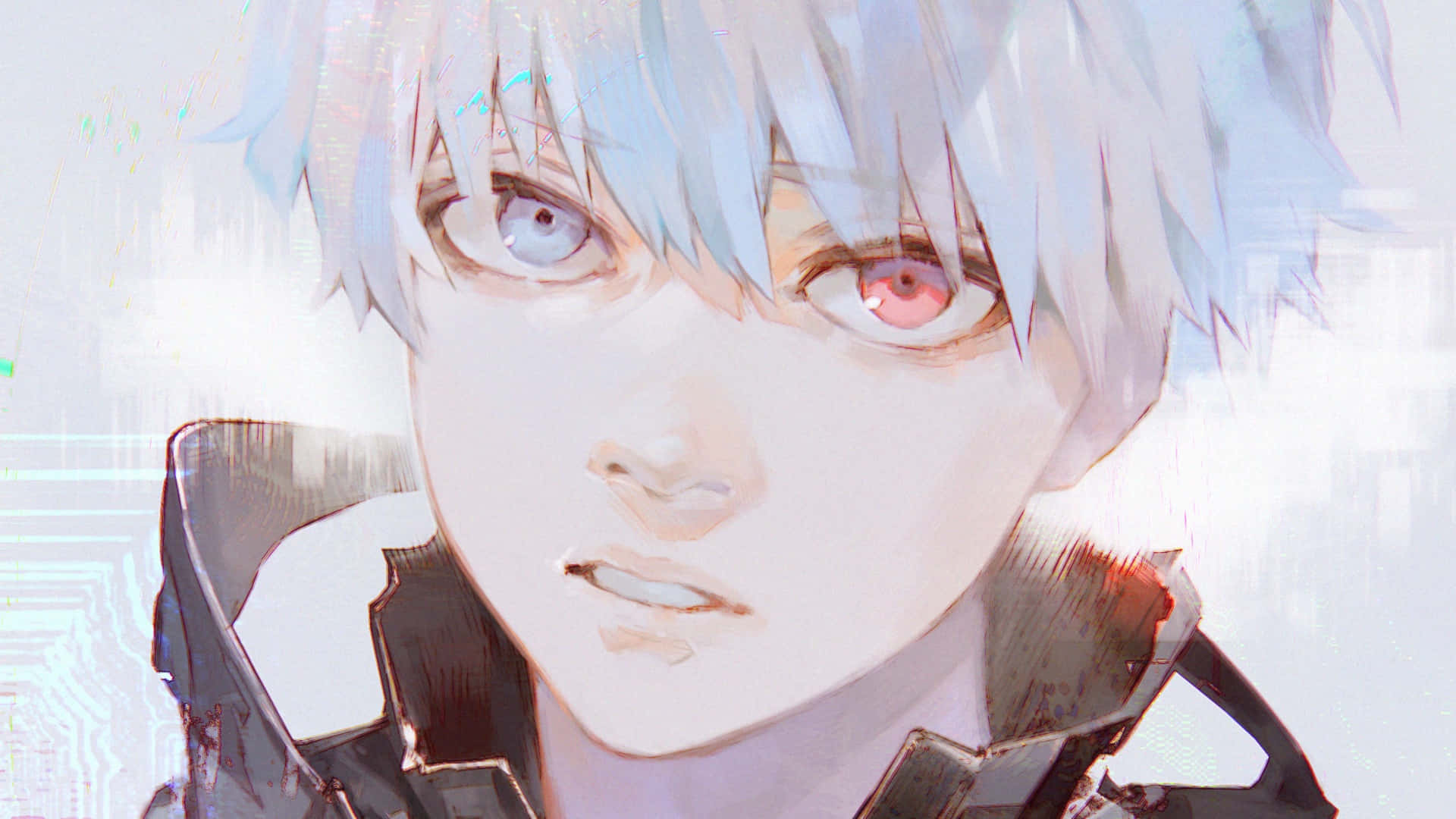 Cute Anime Boy 桌布 壁紙 — 一個年輕男子的特寫動畫肖像，銀色頭髮，眼睛顏色不同（一藍一紅），穿著深色外套，背景是帶有故障效果的數位背景。