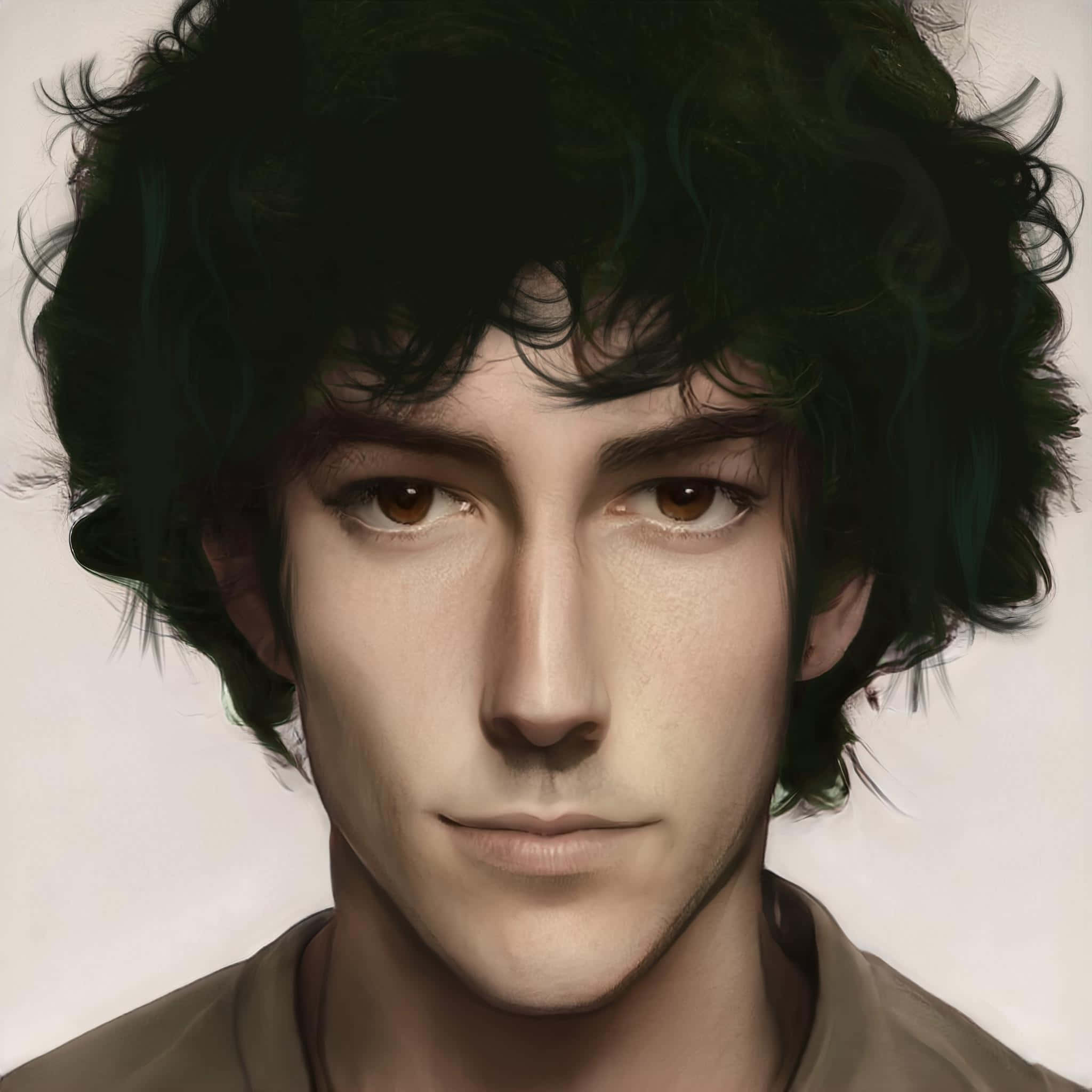 Spike Spiegel 桌布 壁紙 — 一個年輕男子的特寫肖像，他有深色捲髮和溫暖的棕色眼睛，直視觀眾。