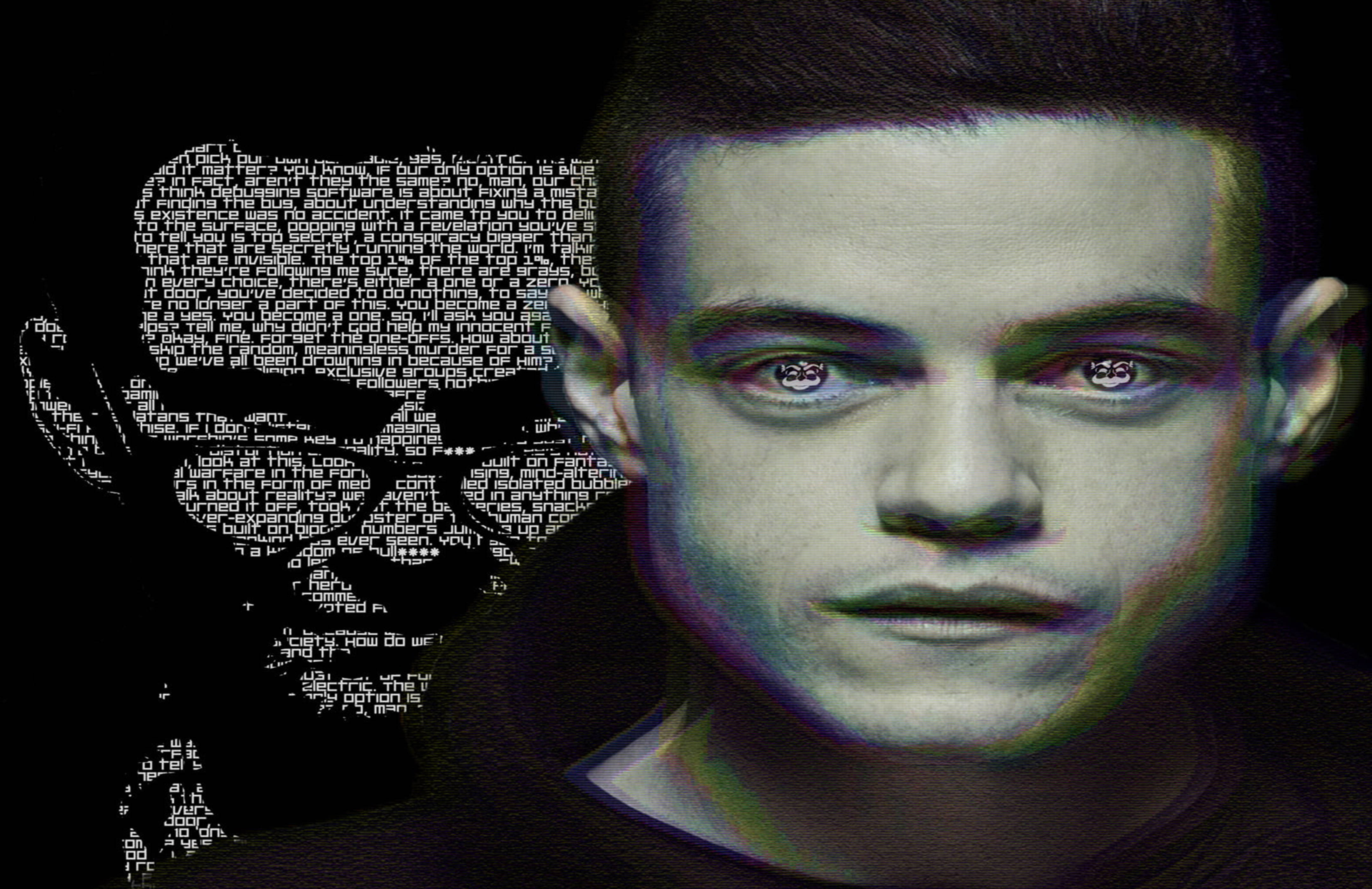 Mr Robot 桌布 壁紙 — 一個年輕男子的臉，眼睛發光，他的剪影上覆蓋著數位代碼，背景為黑色。