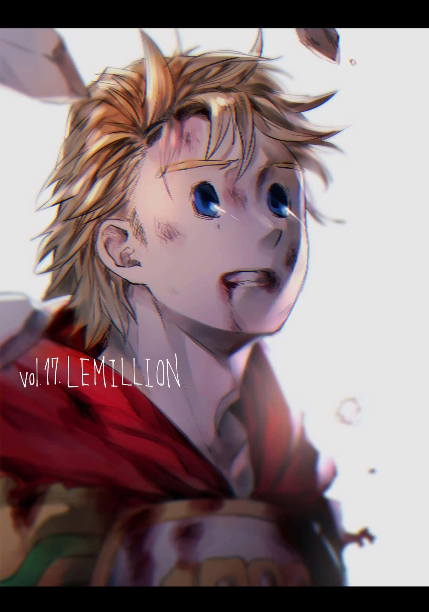 Mirio Togata 桌布 壁紙 — 一個年輕男子的近距離動畫肖像，他有尖刺金髮和藍色眼睛，向上看帶著充滿希望的表情。