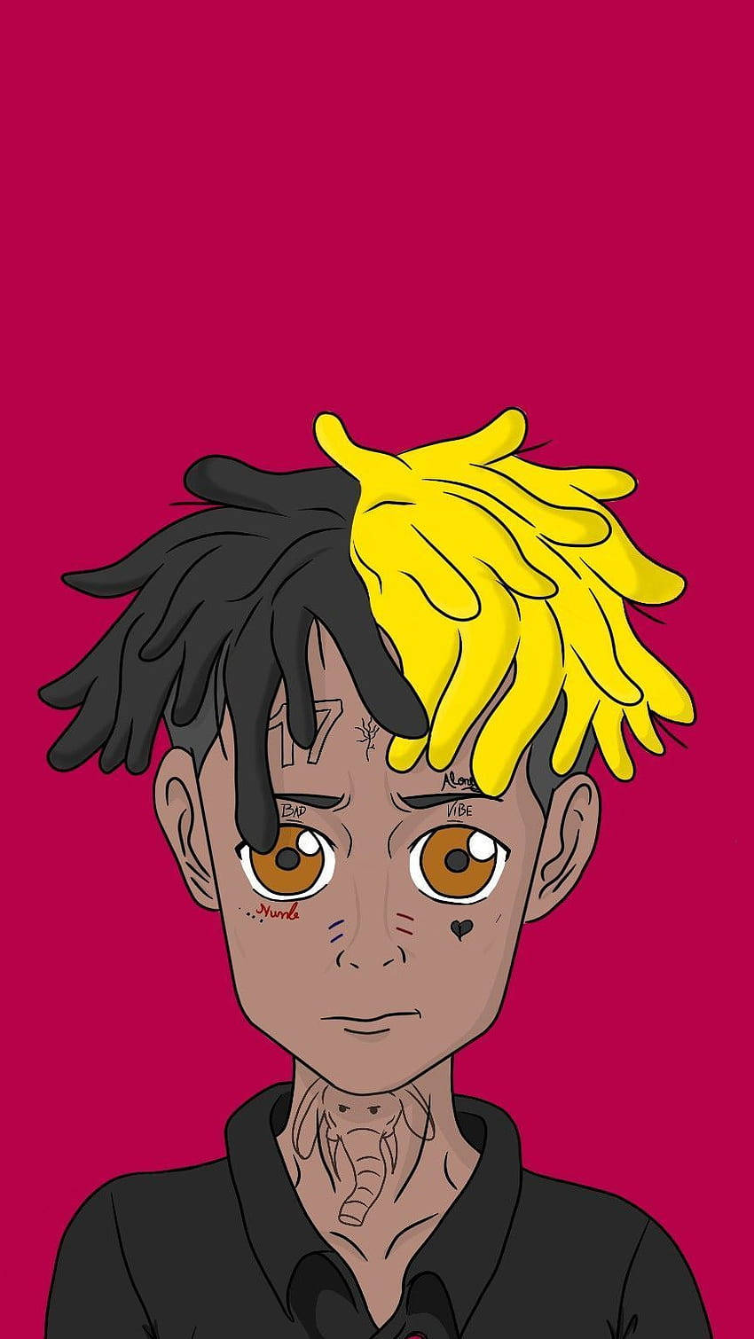 Cartoon 桌布 壁紙 — 一個年輕男子的風格化卡通肖像，頭髮一半黑色一半黃色，帶有刺青，背景為純洋紅色。