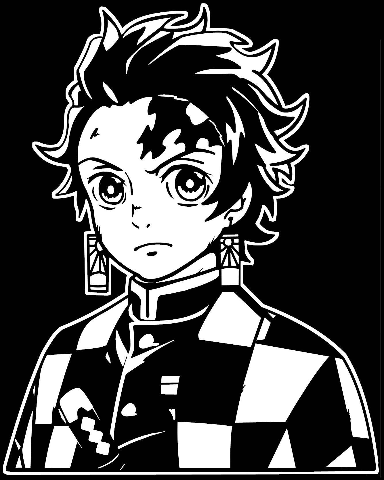 Demon Slayer Black And White 桌布 壁紙 — 一個年輕男子的黑白動畫肖像，他有尖刺頭髮和格子制服，背景是純黑色。