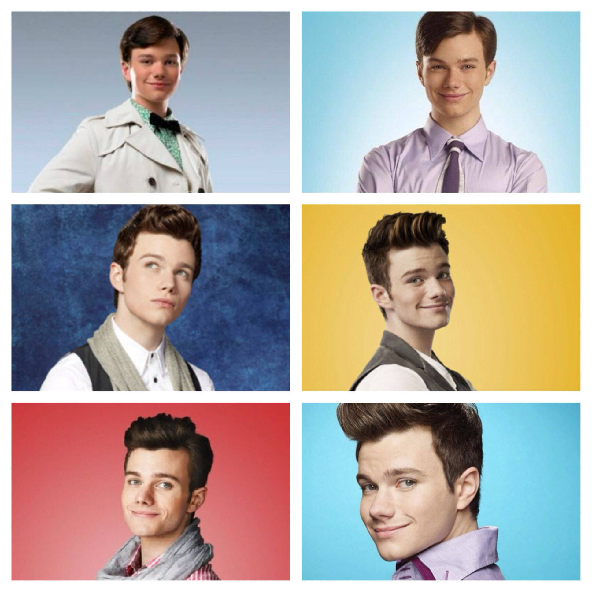 Chris Colfer 桌布 壁紙 — 一個年輕男子穿著不同服裝和姿勢，在色彩繽紛的純色背景上，以六格網格呈現。