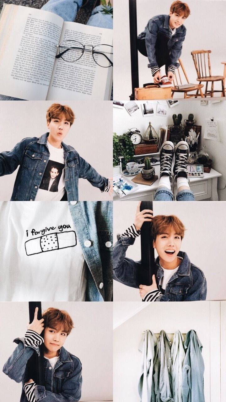 bts photoshoot 桌布 壁紙 — 一個年輕男子穿著牛仔服裝，在舒適的室內環境中與書籍、眼鏡和個人物品擺姿勢的拼貼畫。