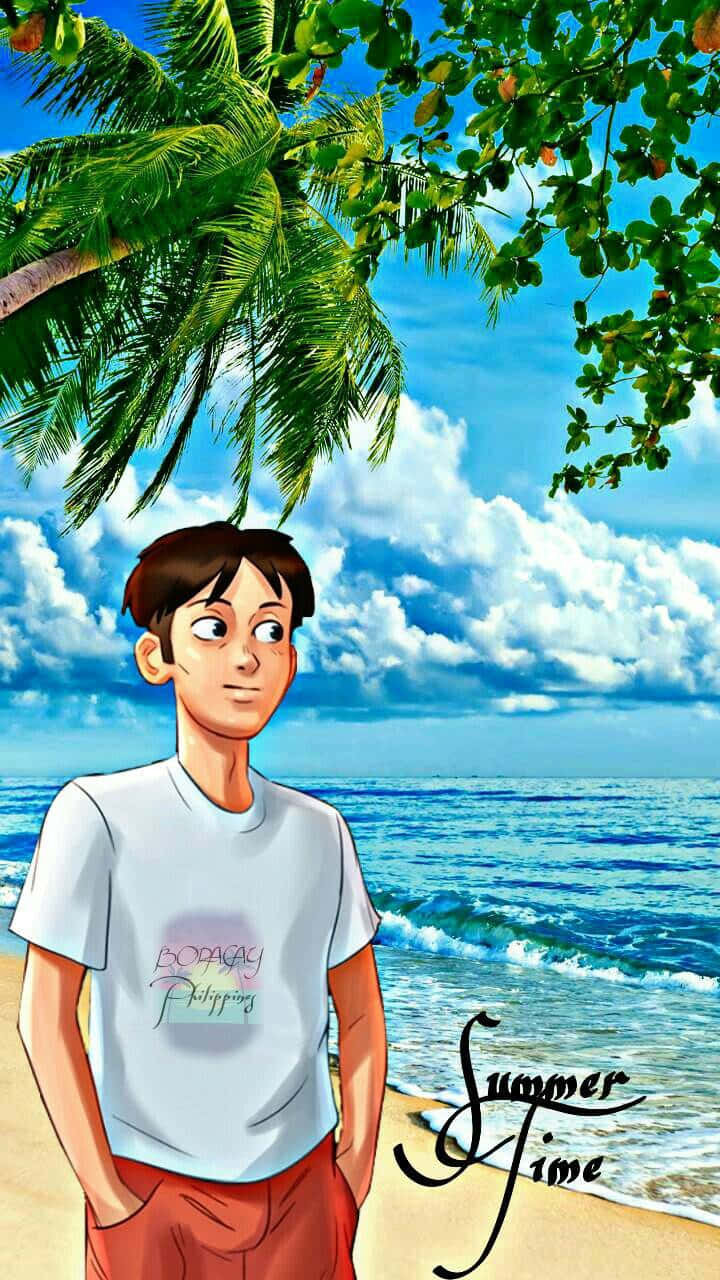 夏天 桌布 壁紙 — 一個年輕男子站在陽光普照的沙灘上，棕櫚樹下，附近有碧綠色的海浪拍打。