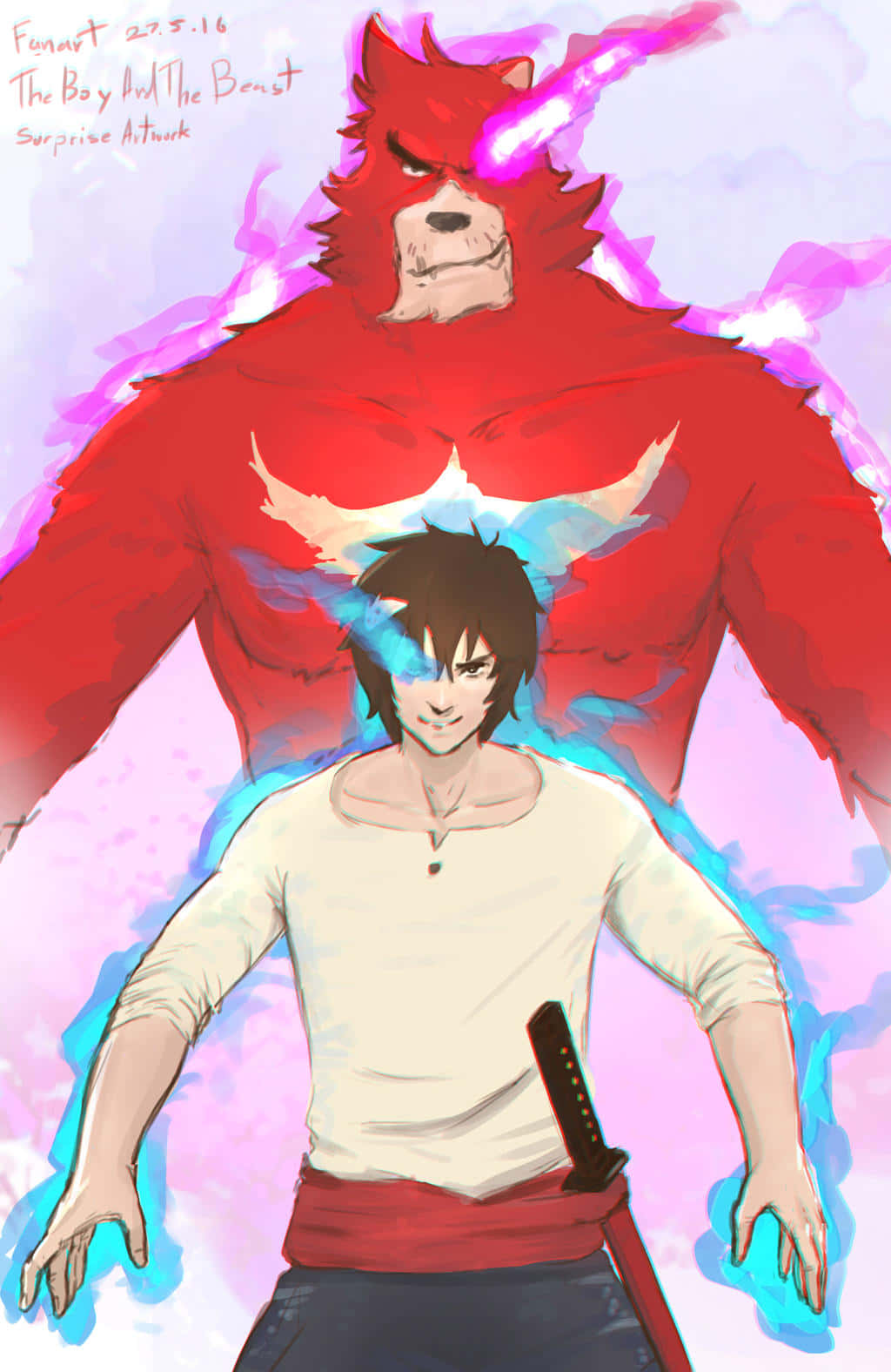 The Boy And The Beast 桌布 壁紙 — 一個年輕男子自信地站在一隻擁有發光紫色眼睛和藍色能量光環的巨型紅色野獸面前。