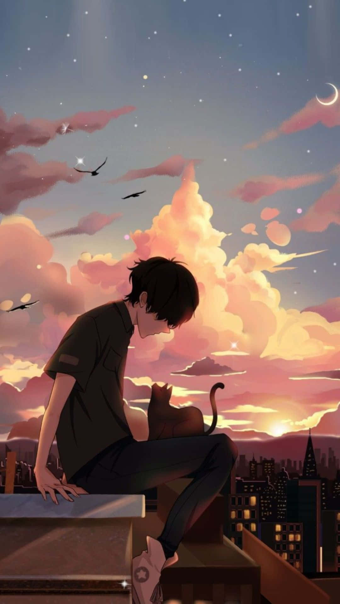 天空 桌布 壁紙 — 一個年輕男子與一隻貓坐在屋頂上，城市天際線在佈滿粉紅、橙、紫色雲彩和彎月的暮色天空下閃耀。