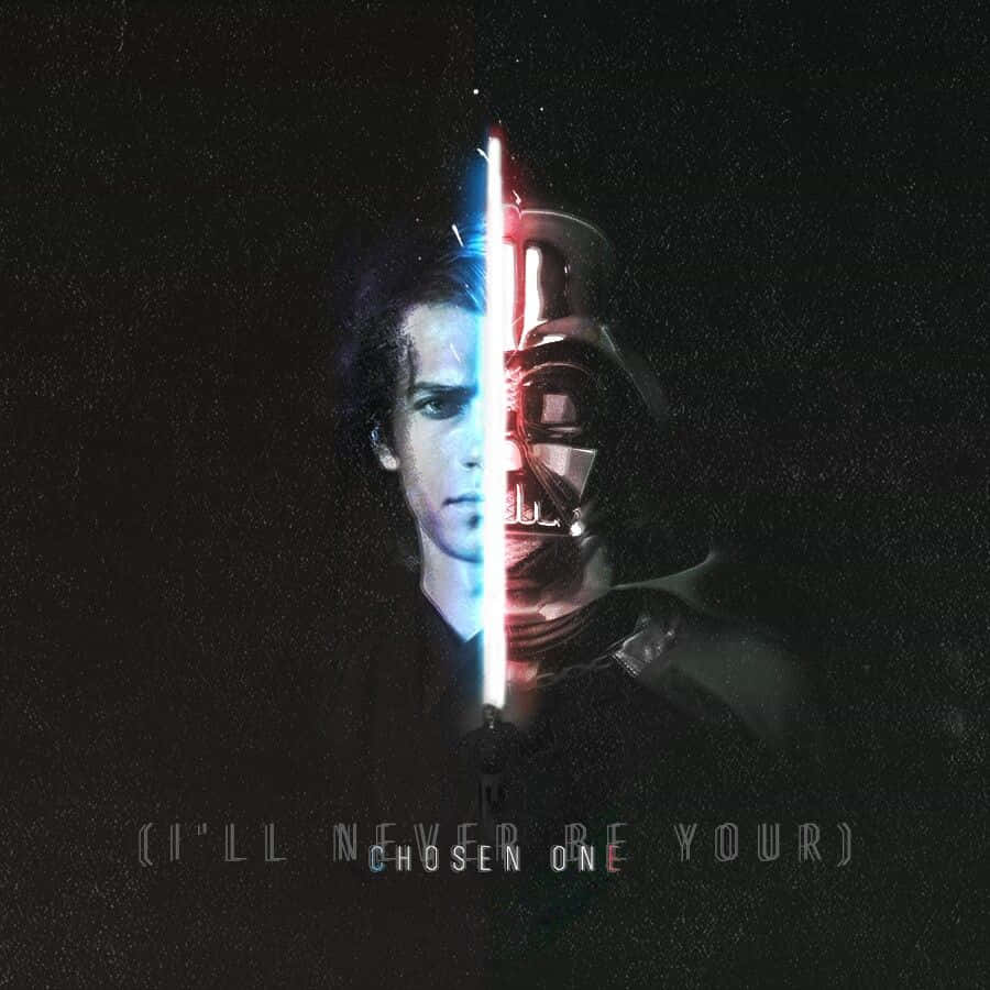 The Chosen One 桌布 壁紙 — 一個年輕男子與黑武士達斯維達的分面肖像，由發光光劍分隔，背景是黑暗星空。