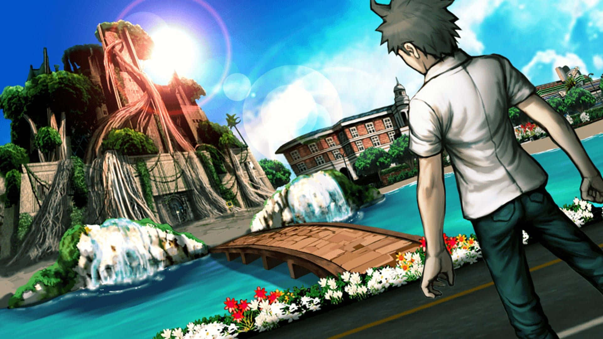 game 桌布 壁紙 — 一個年輕男子走向一個超現實的景觀，其中有巨大的樹根結構、瀑布和一座木橋，在明亮的陽光下。