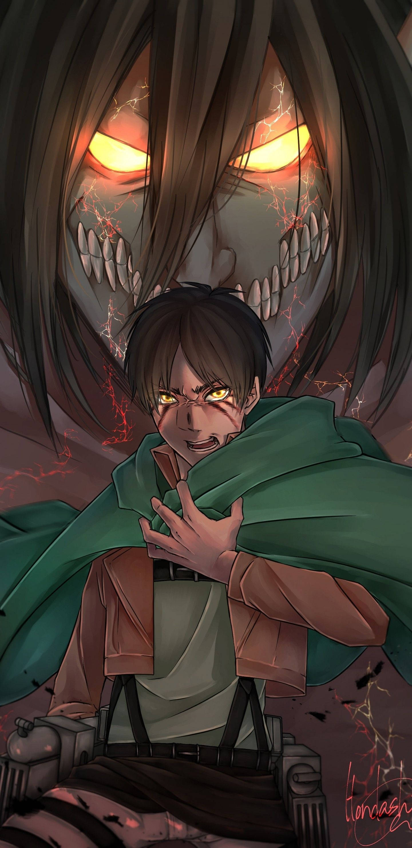 Eren Season 4 桌布 壁紙 — 一個年輕男子雙眼發出黃光，抓著胸口，身後有一個巨大泰坦，眼睛如火，牙齒鋒利，聳立在他背後。
