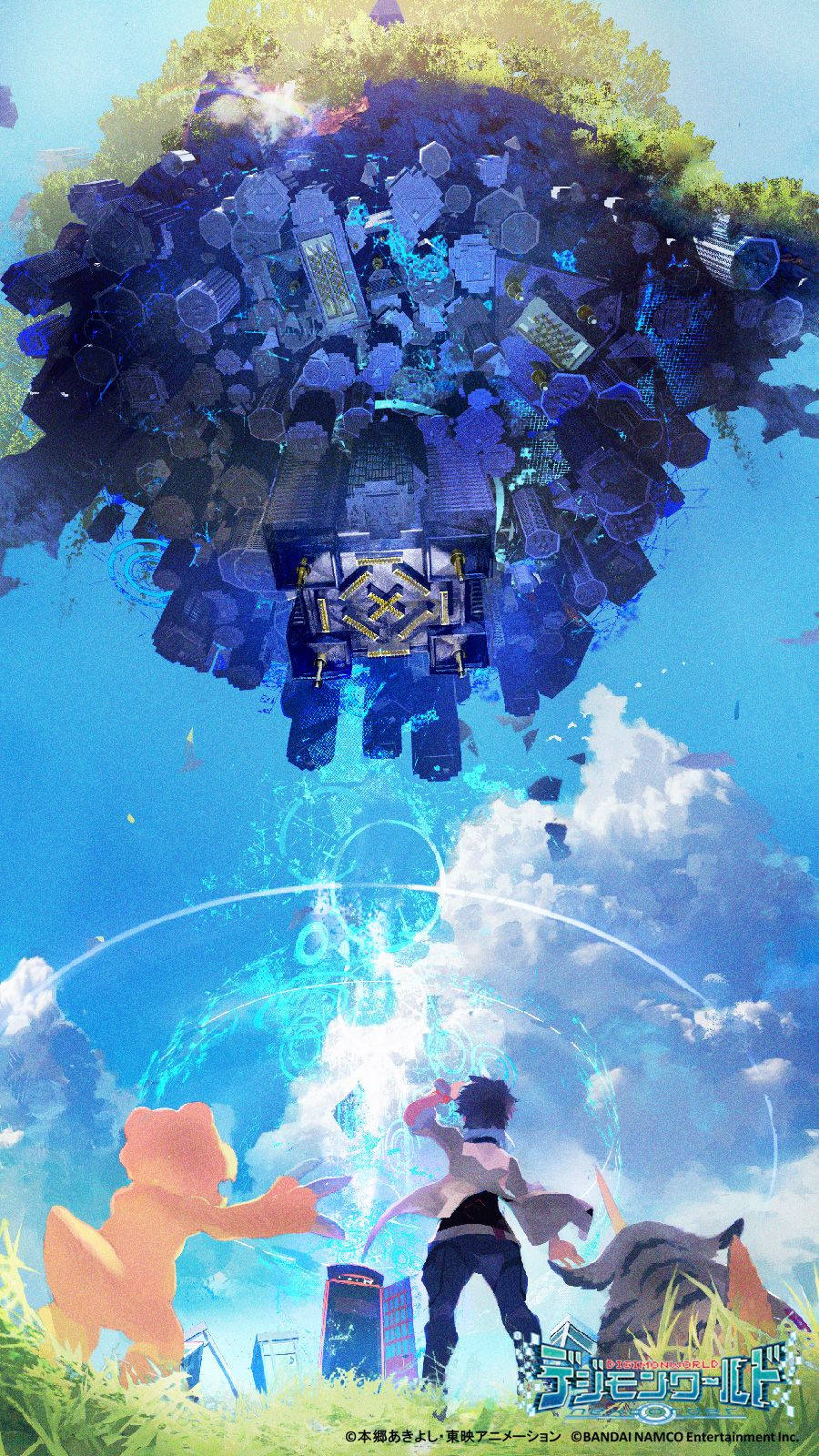 Digimon 桌布 壁紙 — 一個年輕男孩和他的兩個數碼寶貝站在草地上，下方是漂浮的島嶼，上面有六角形建築物發出藍色能量光芒。