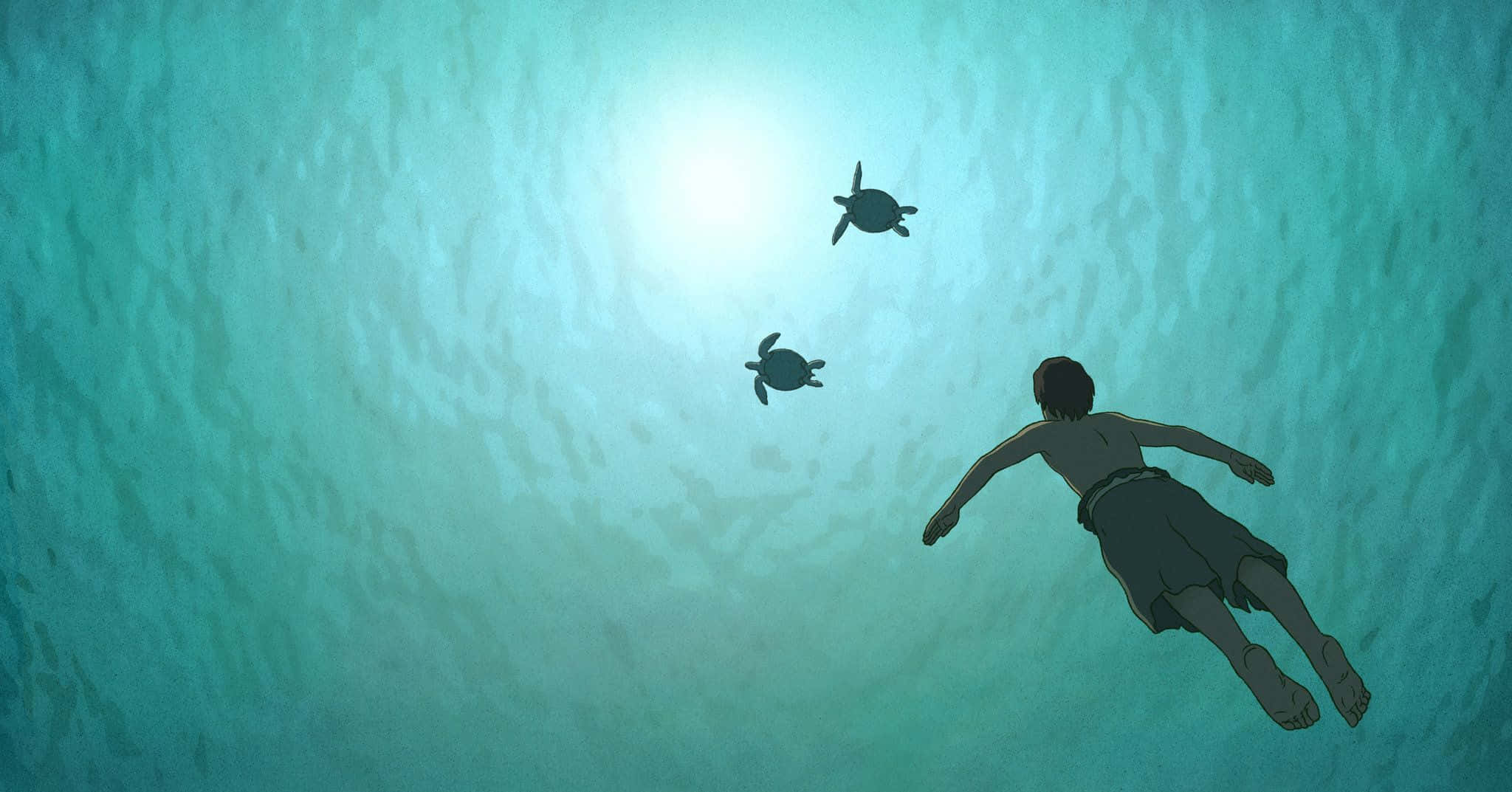 The Red Turtle 桌布 壁紙 — 一個年輕男孩在水下游向兩隻沐浴在陽光中的海龜，陽光穿過碧綠的海水。