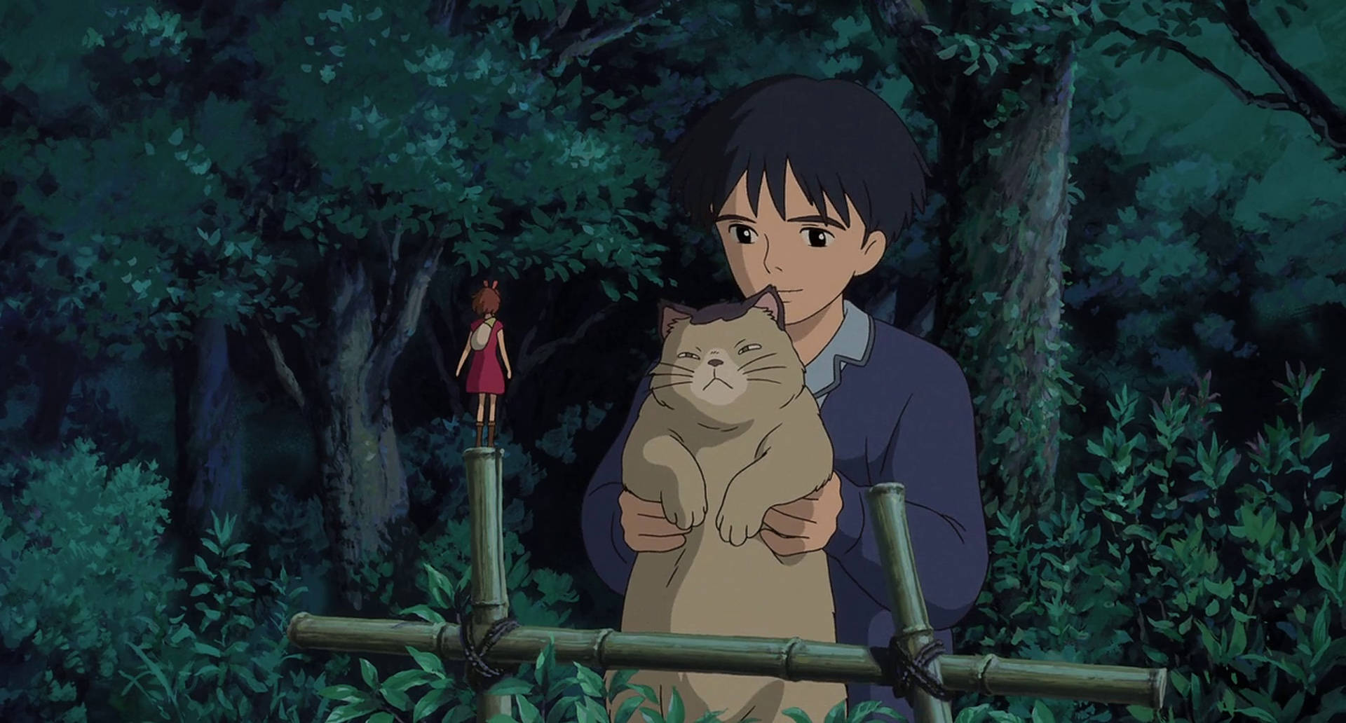 Arrietty 桌布 壁紙 — 一個年輕男孩在茂密的黑暗森林中抱著一隻大貓，而一個極小的女孩則站在附近的竹竿上。