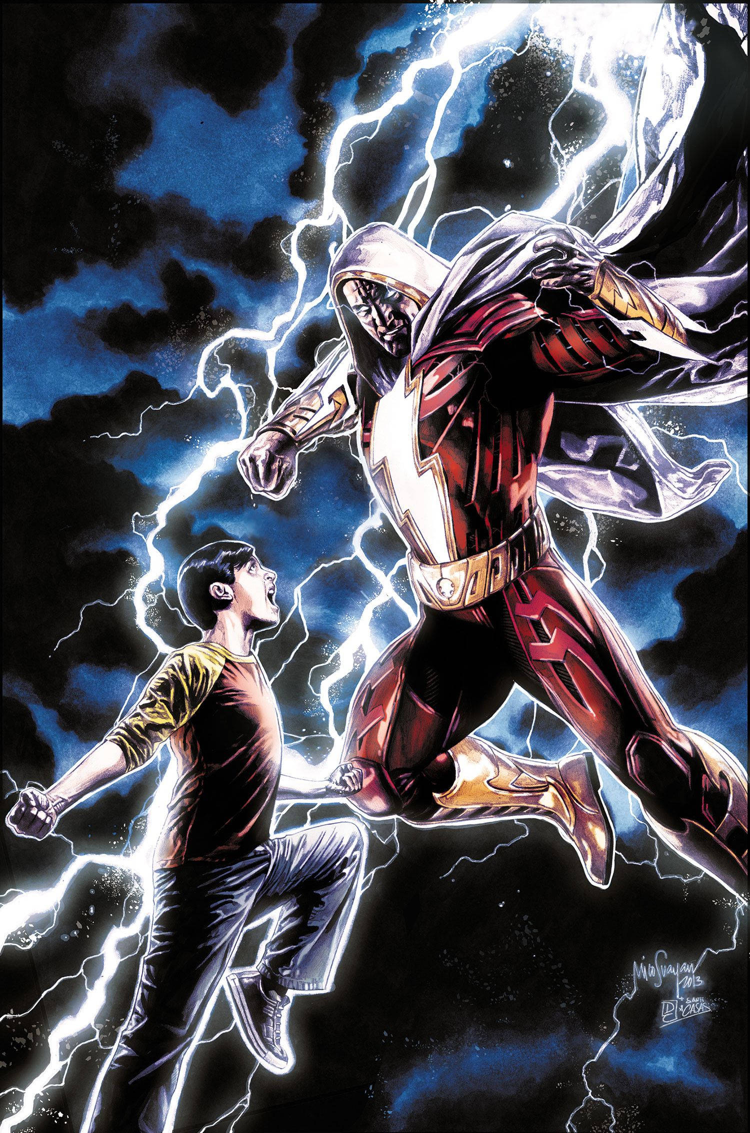 Shazam 桌布 壁紙 — 一個年輕男孩挑釁地站著，而一個以閃電為動力的超級英雄，身穿紅色和金色盔甲，在暴風雨的天空下向他撲來。