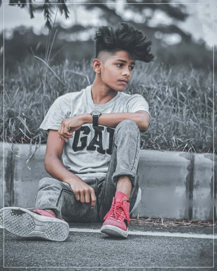 boys attitude 桌布 壁紙 — 一個年輕男孩留著時尚的髮型，穿著灰色T恤和亮紅色運動鞋，若有所思地坐在路邊的馬路牙子上。