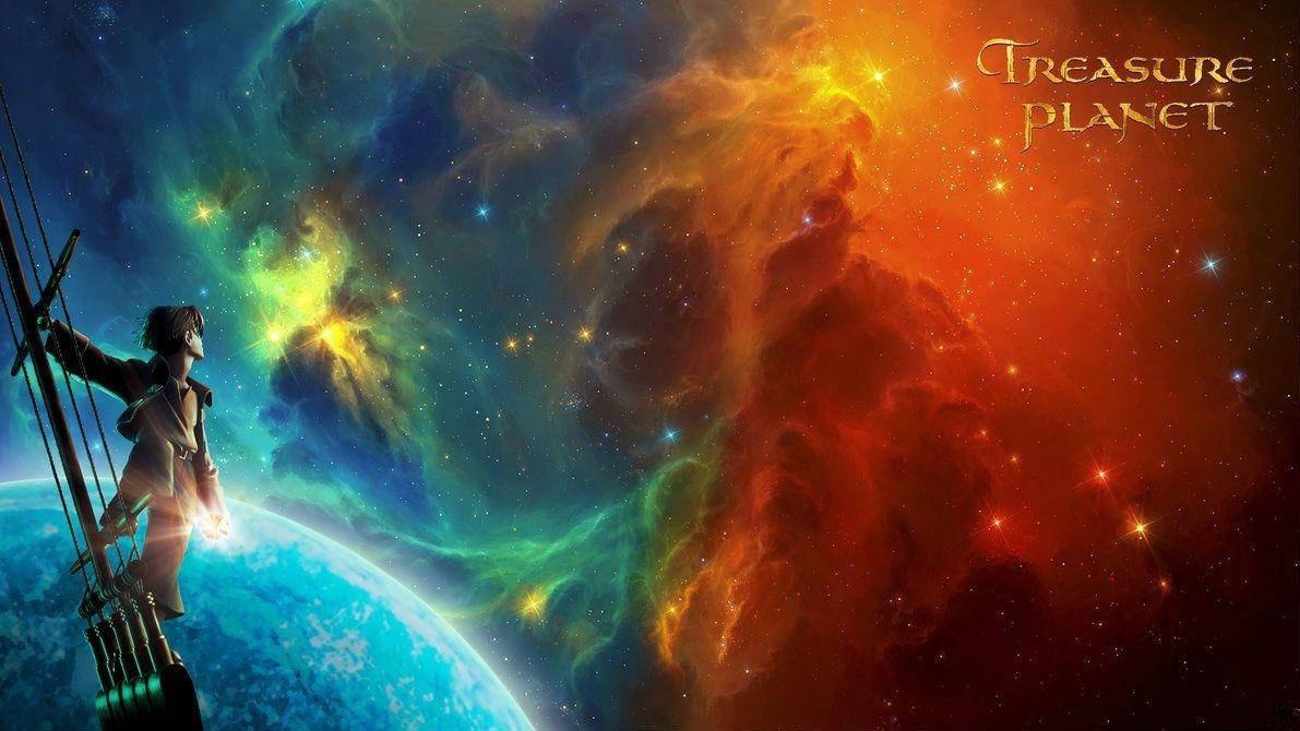 星銀島 桌布 壁紙 — 一個年輕男孩站在船桅上，凝視著一個充滿活力的宇宙星雲，其中有旋轉的藍色、綠色和火熱的橙色。
