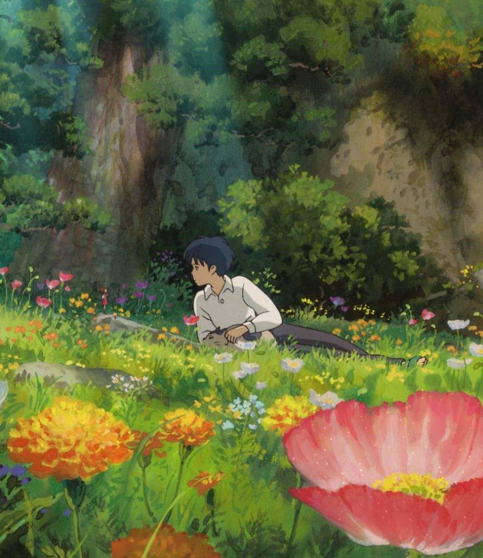 Cute Anime Boy 桌布 壁紙 — 一個年輕男孩躺在陽光明媚、長滿色彩繽紛野花的草地上，上方是茂密的綠色森林樹冠。