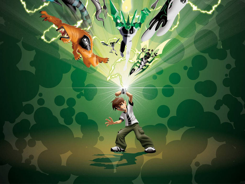 Ben 10 Omnitrix 桌布 壁紙 — 一個年輕男孩釋放出一股綠色能量，召喚並與多個外星生物戰鬥，呈現出動態的動漫場景。