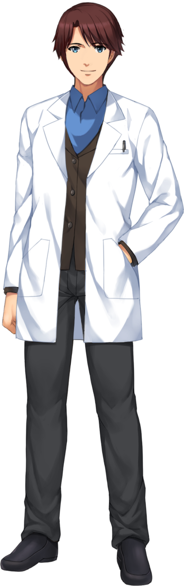 Scientist 桌布 壁紙 — 一個年輕男性動漫角色穿著白色實驗室外套，自信地站著，一隻手插在口袋裡。