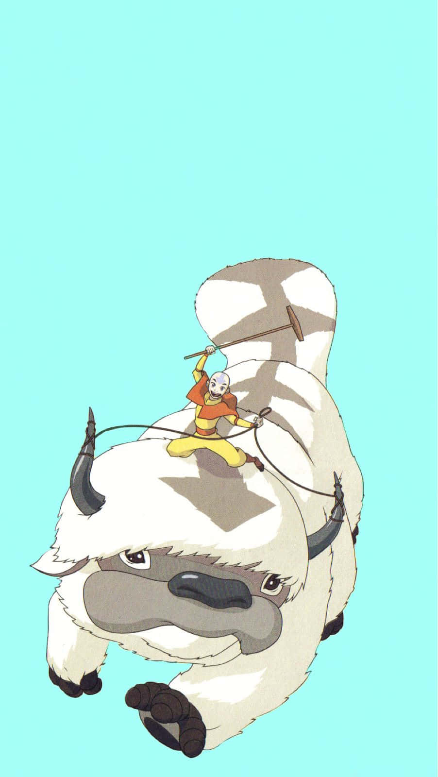 Appa Avatar 桌布 壁紙 — 一個年輕的光頭男孩穿著橙色和黃色，騎著一頭大型白色牛科動物，背景是純青色。