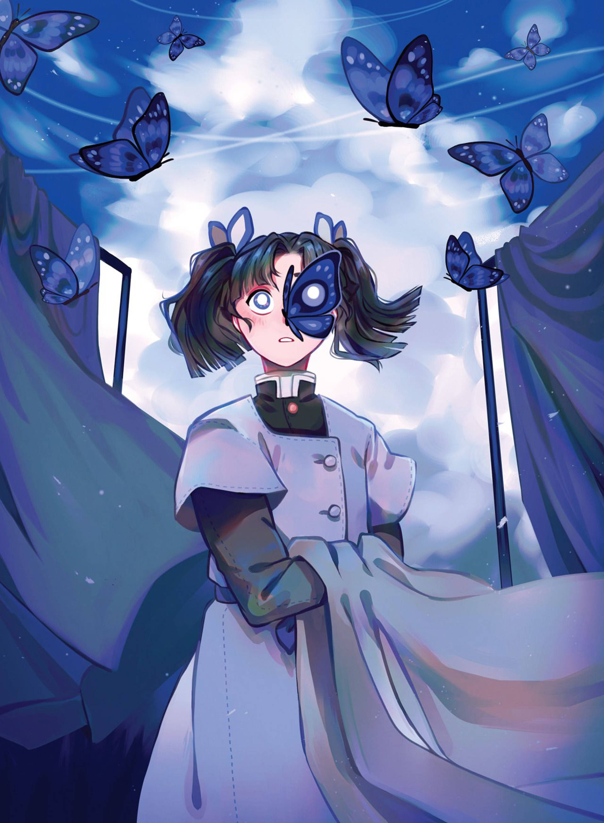 aoi kanzaki 桌布 壁紙 — 一個年輕的動漫女孩，戴著藍色蝴蝶面具和雙馬尾，站在充滿漂浮蝴蝶的夢幻藍天中。