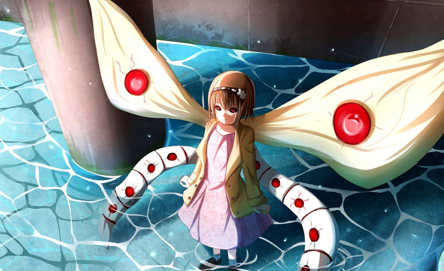 Hinami Fueguchi 桌布 壁紙 — 一個年輕的動漫女孩，擁有巨大的翼狀附肢和紅色眼睛，站在一個瓷磚水池中，有觸手般的肢體。