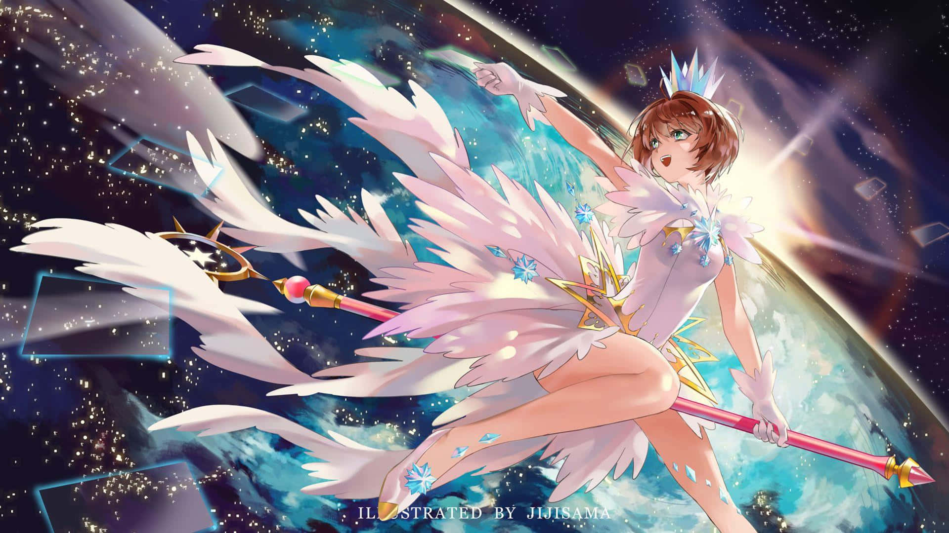庫洛魔法使 桌布 壁紙 — 一個年輕的動漫女孩，擁有白色羽毛翅膀和皇冠，漂浮在太空中，手持發光法杖，背景是星光燦爛的宇宙。