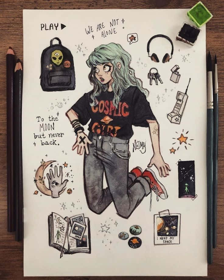 Grunge Cartoon 桌布 壁紙 — 一個年輕的動漫女孩，擁有藍綠色頭髮和宇宙主題服裝，在素描本頁面上被太空圖案和復古物品包圍。