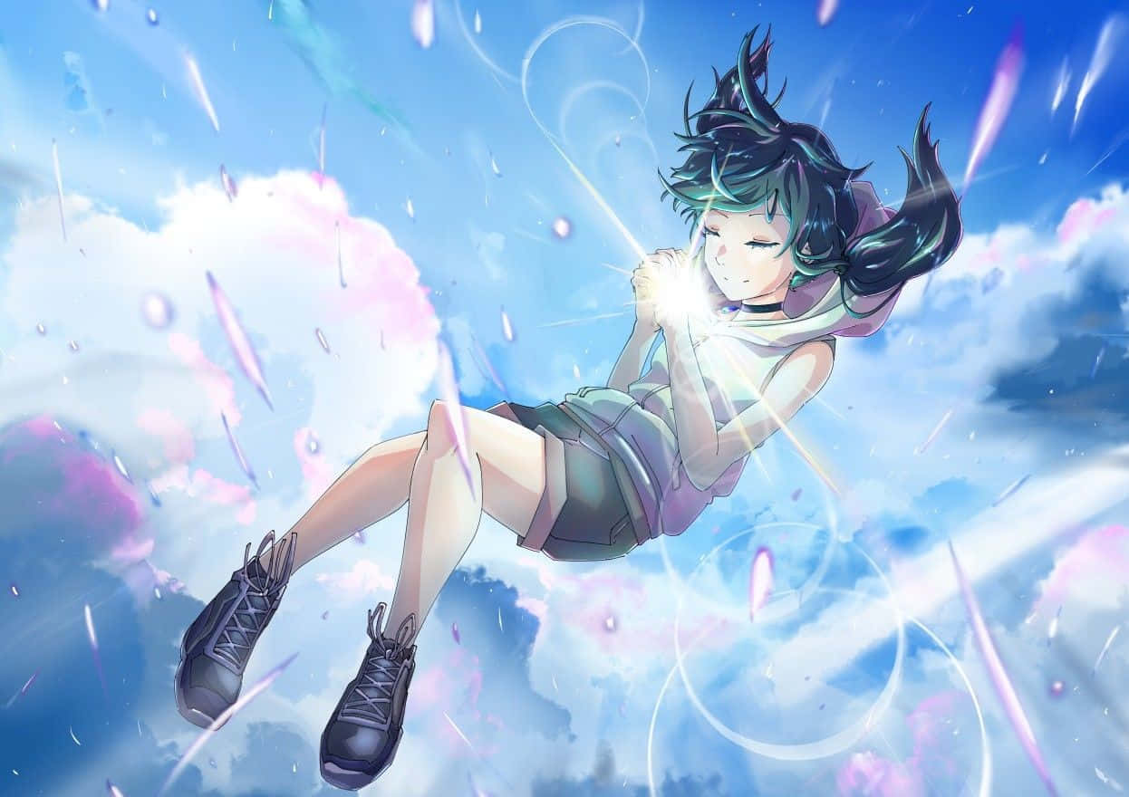 Weathering With You 桌布 壁紙 — 一個年輕的動漫女孩，擁有青綠色頭髮，在充滿發光粒子和柔軟雲朵的鮮豔天空中平靜地漂浮。