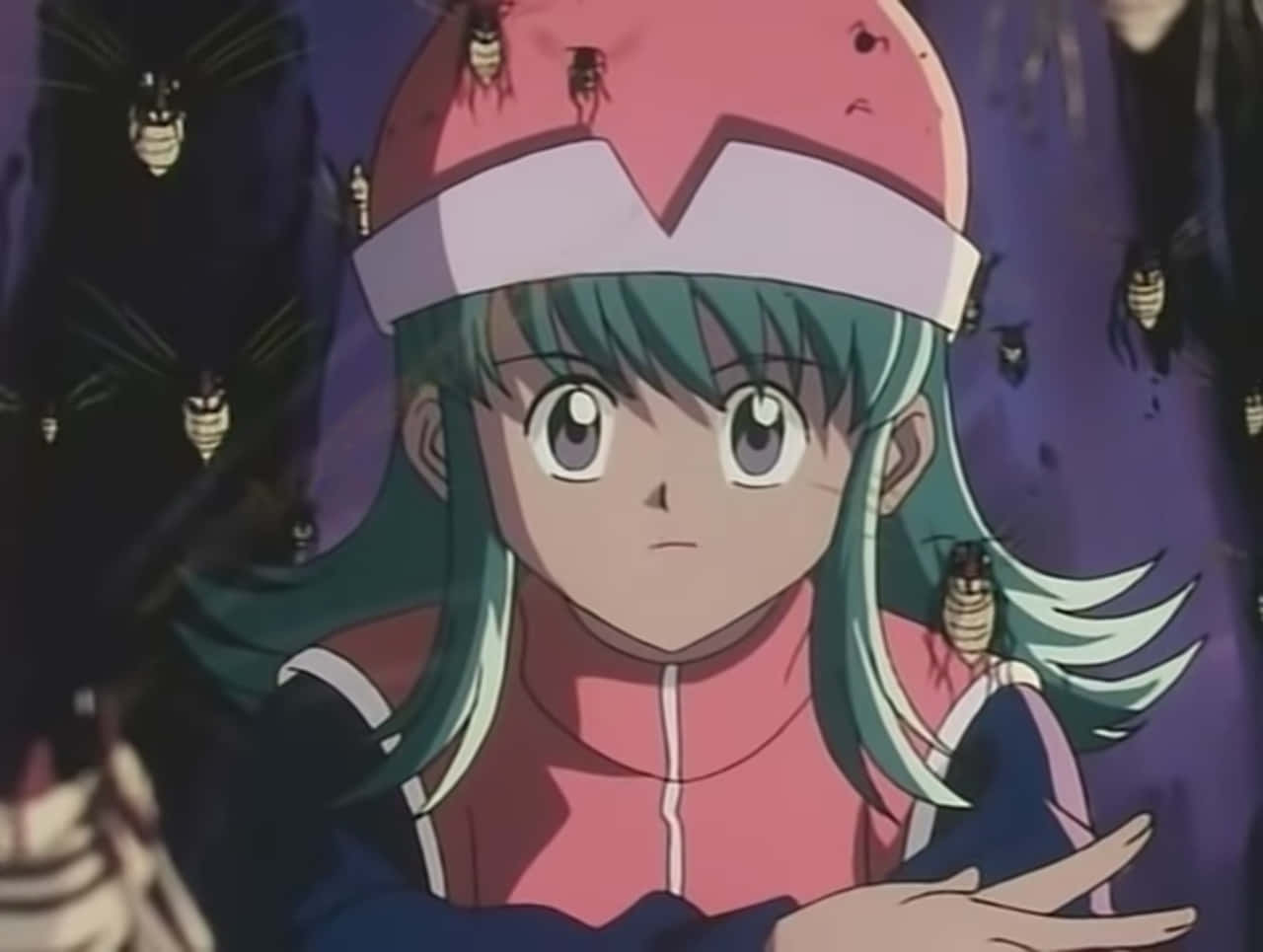 Hunter X Hunter Ponzu 桌布 壁紙 — 一個年輕的動漫女孩，擁有青綠色頭髮和粉紅色帽子，在深紫色環境中睜大眼睛盯著蟑螂在她周圍成群結隊。