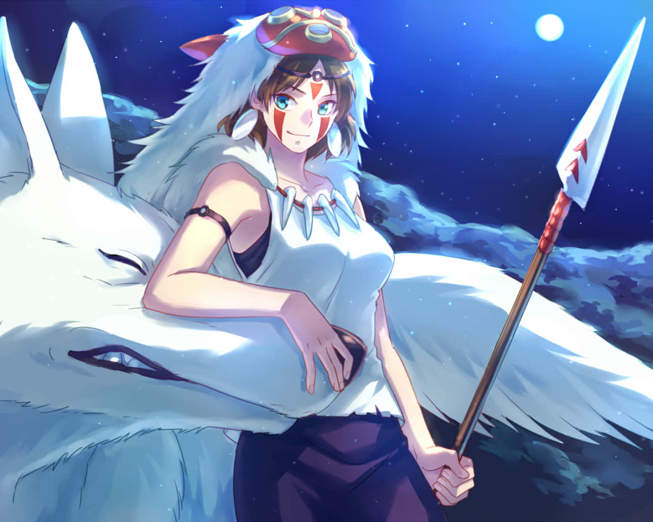 魔法公主 桌布 壁紙 — 一個年輕的動漫女孩，有狐狸耳朵和白色毛皮斗篷，站在一隻巨大的白色狐狸旁邊，在星空下拿著長矛。
