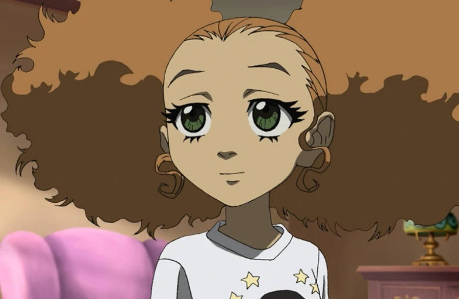 Cartoon 桌布 壁紙 — 一個年輕的動漫女孩，有著綠色大眼睛和濃密的棕色捲髮，在室內穿著星星圖案的襯衫。