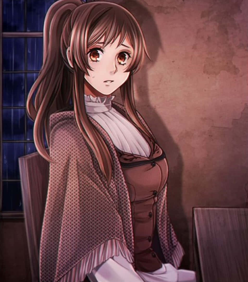 Black Butler Paula 桌布 壁紙 — 一個年輕的動漫女孩，棕色雙馬尾，夜晚坐在窗邊，穿著一件舒適的棕色開襟衫，內搭白色襯衫，表情柔和而沉思。