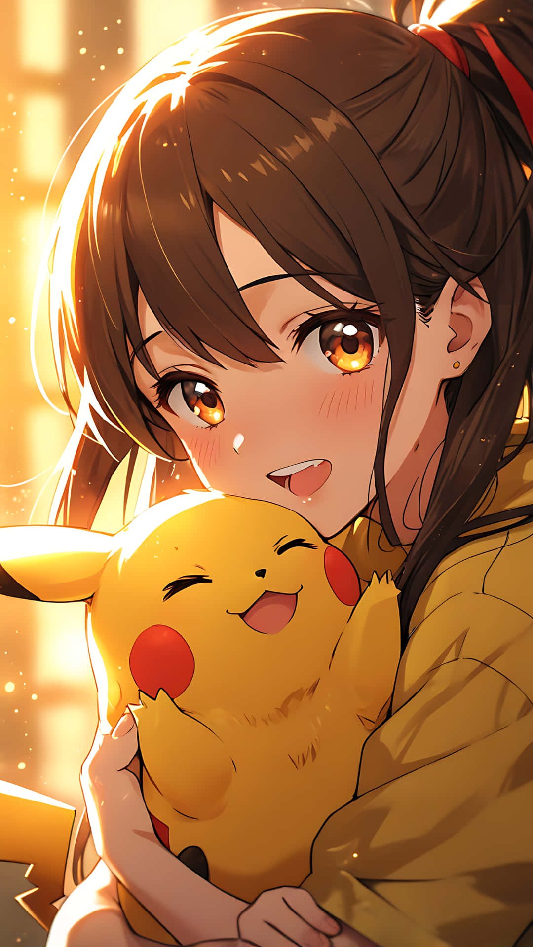 Pikachu's Emotional Spark - Adorable to Fiery. pikachu wallpaper 壁紙 — 一個年輕的動漫女孩，棕色頭髮，溫暖的眼睛，擁抱著微笑的皮卡丘，金色的陽光從他們身後照射進來。