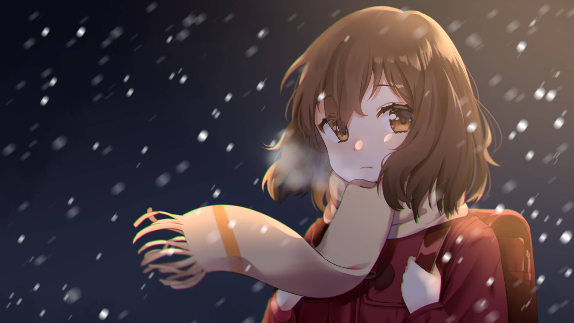 Erased 桌布 壁紙 — 一個年輕的動漫女孩，棕色頭髮和溫暖的眼睛，在寂靜的冬夜裡，雪花飄落在她周圍，她溫柔地凝視著。
