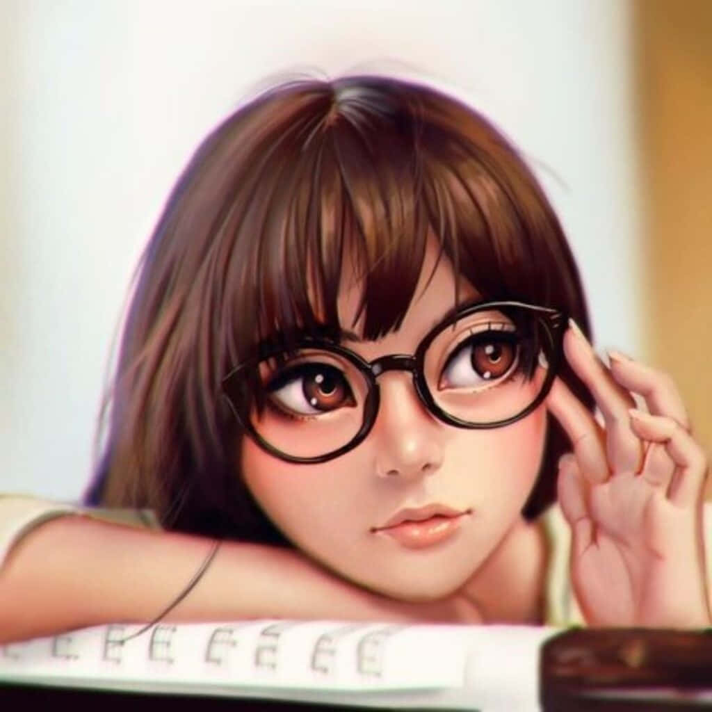 美女 桌布 壁紙 — 一個年輕的動漫女孩，棕色頭髮戴眼鏡，將頭靠在筆記本上，若有所思地看著觀眾。