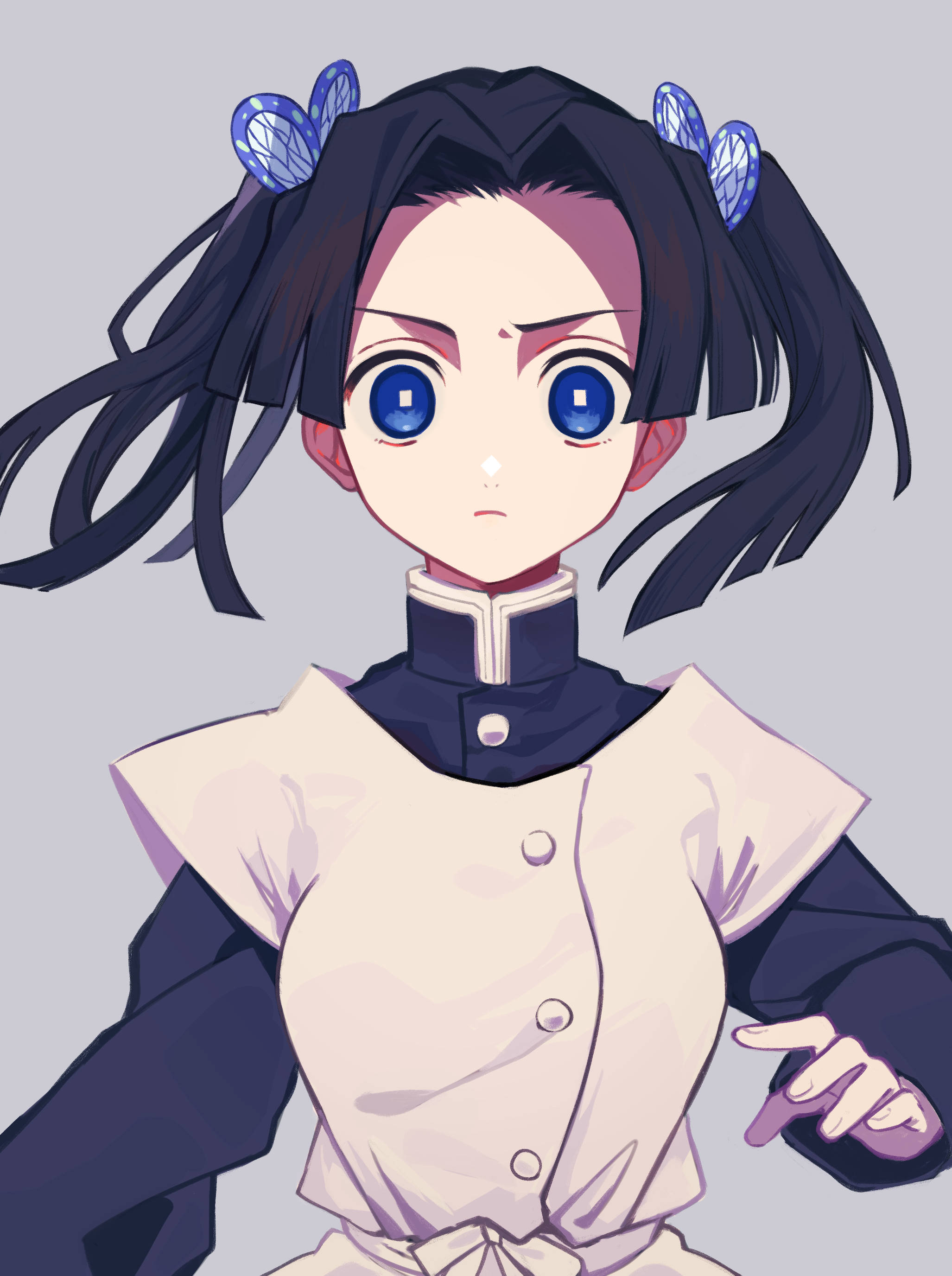 aoi kanzaki 桌布 壁紙 — 一個年輕的動漫女孩，深色雙馬尾，藍色眼睛，穿著白色和深色制服，背景是純灰色。