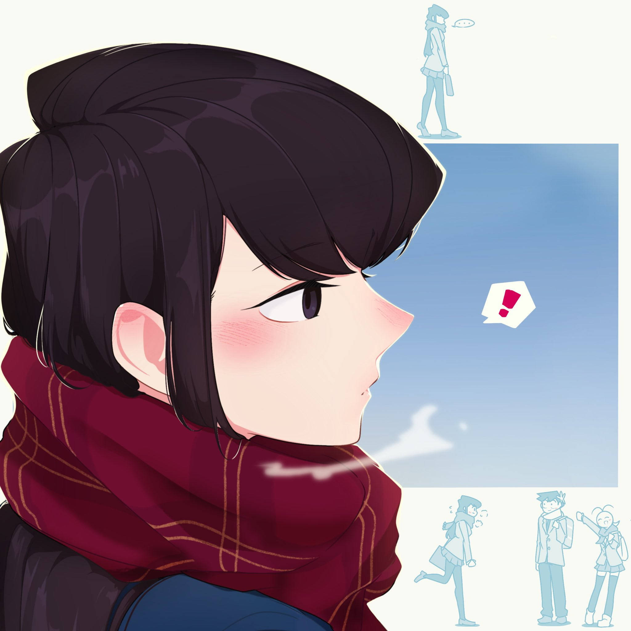 動漫女孩 桌布 壁紙 — 一個年輕的動漫女孩，深色頭髮，戴著紅色圍巾，若有所思地向上凝視，周圍漂浮著模糊的藍色人物草圖和一個帶有感嘆號的對話氣泡。