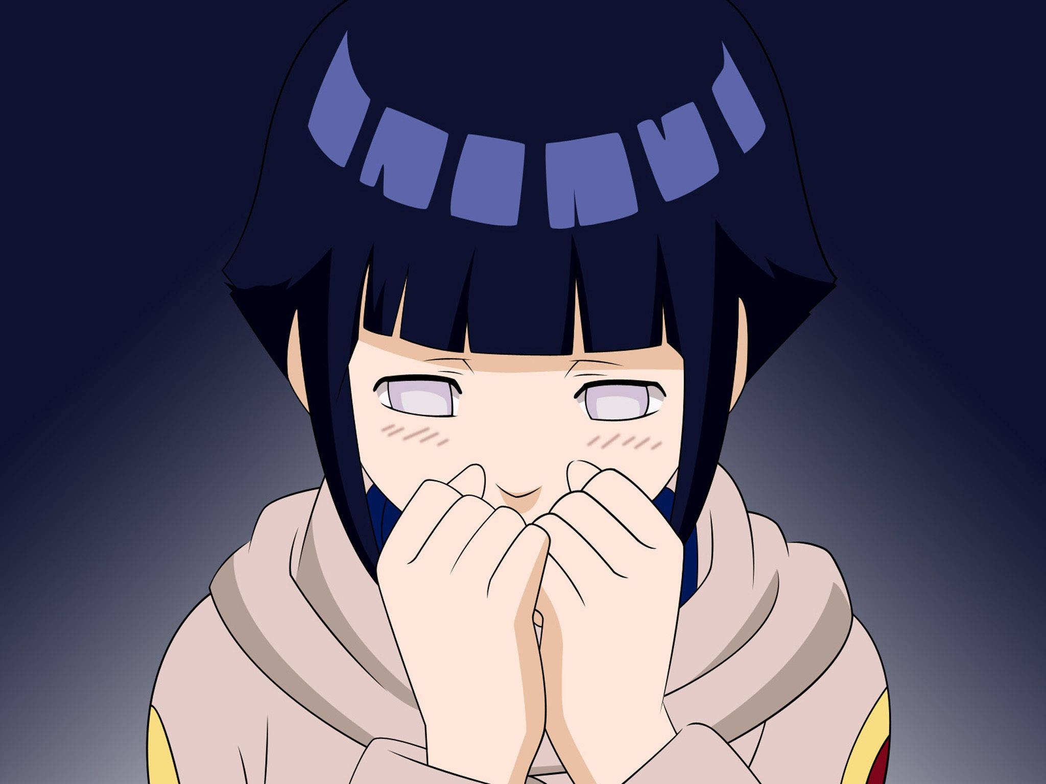 Hinata Hyuga 桌布 壁紙 — 一個年輕的動漫女孩，深色頭髮，戴著頭帶，在深藍色漸變背景前用雙手捂住嘴巴。